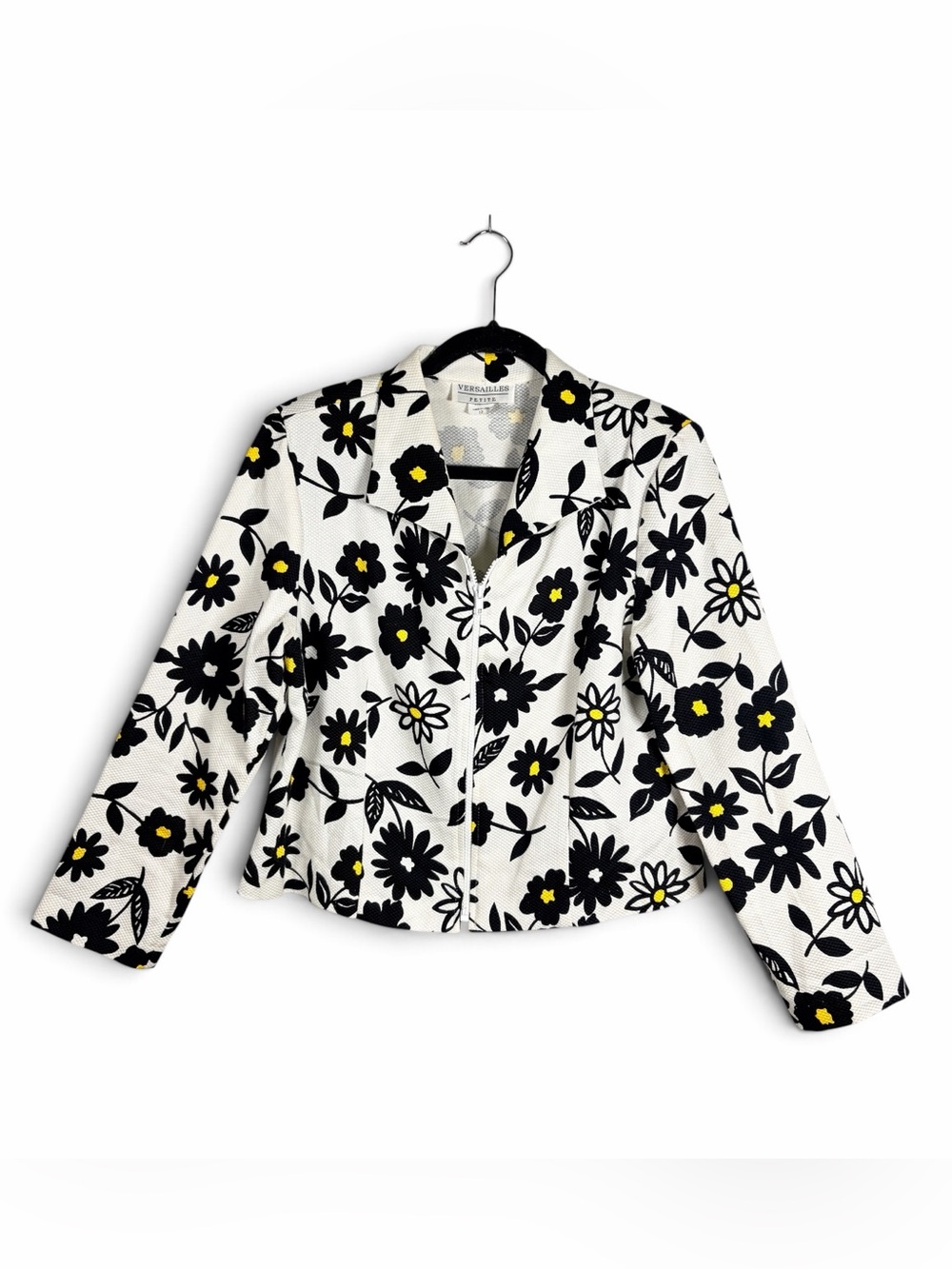 Vintage 90s VERSAILLES Petite Blazer 12P Daisy Floral Zip Front Made USA Cotton